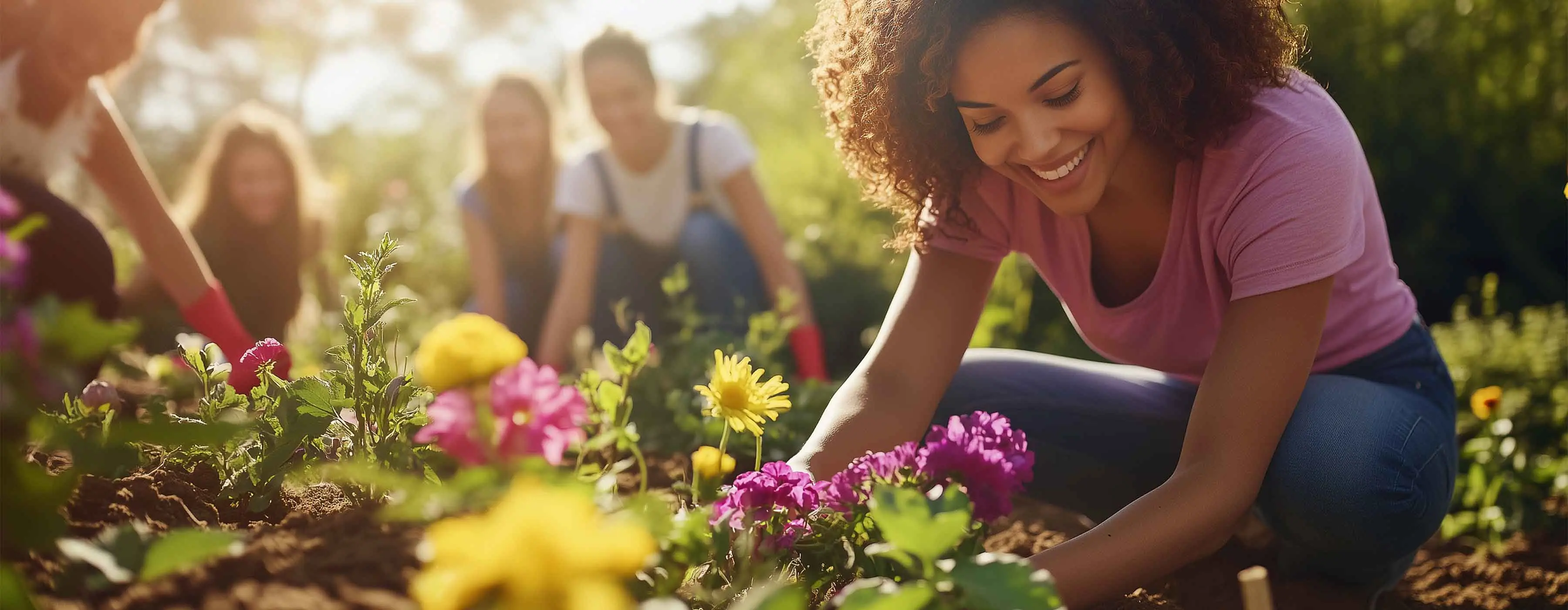 Foto de uma mulher plantando flores em um jardim.