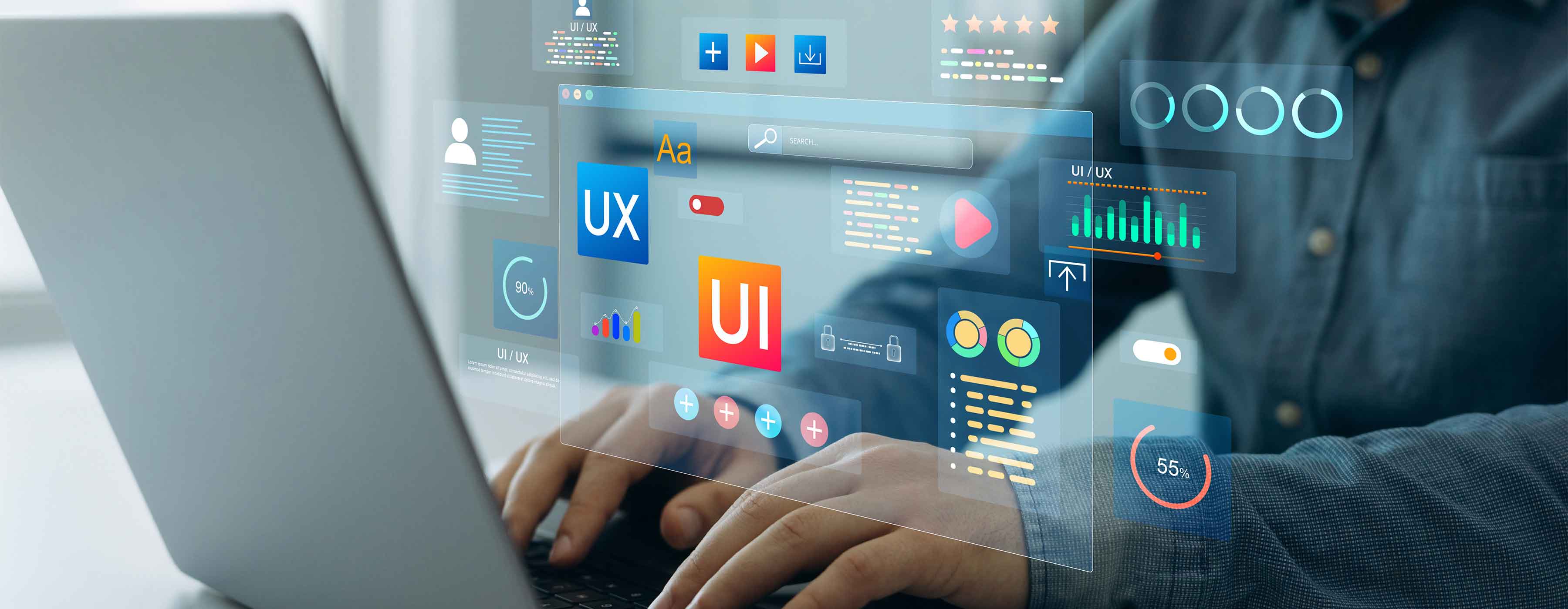 Estratégias de Pesquisa em UX Design - UX research - foto das mãos de uma pessoa utilizando notebook. Sobre a imagem há elementos e ícones gráficos referentes à área de UX e UI.