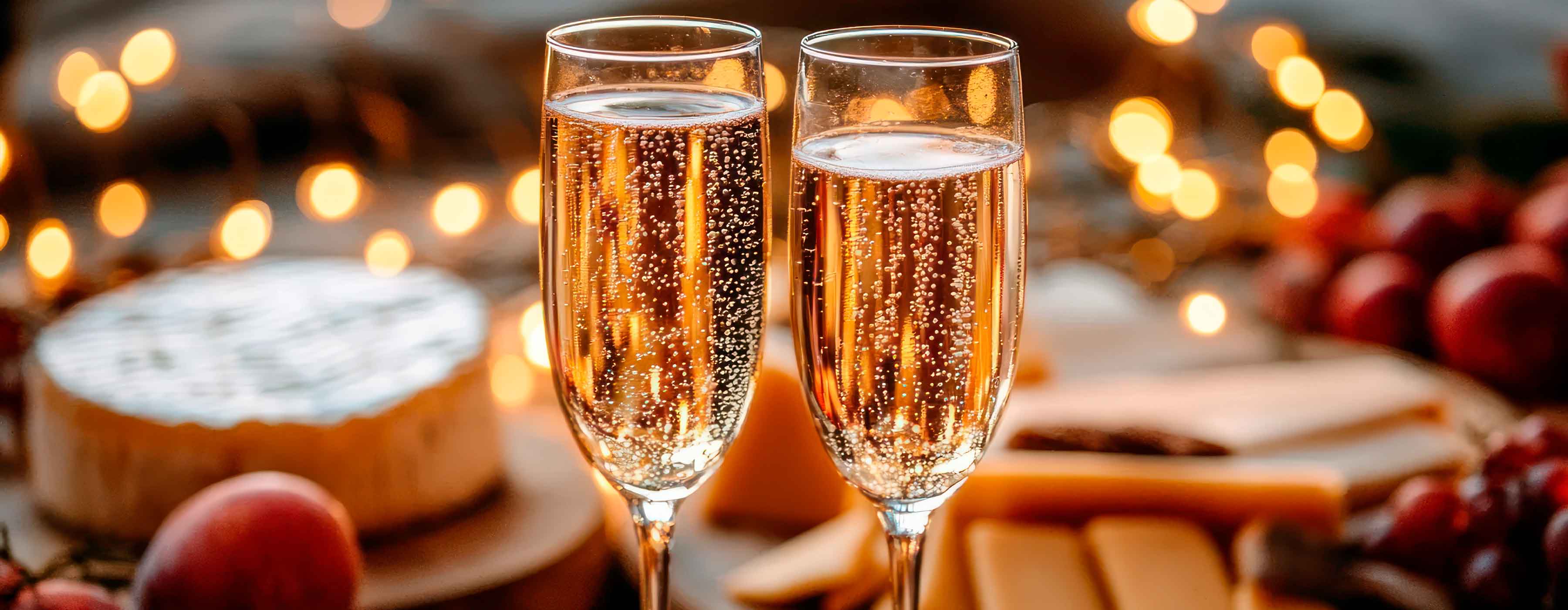 Espumantes: velho e novo mundo ¿ foto de duas taças de champanhe borbulhando em destaque ao lado de queijos e frutas com luzes desfocadas ao fundo.
