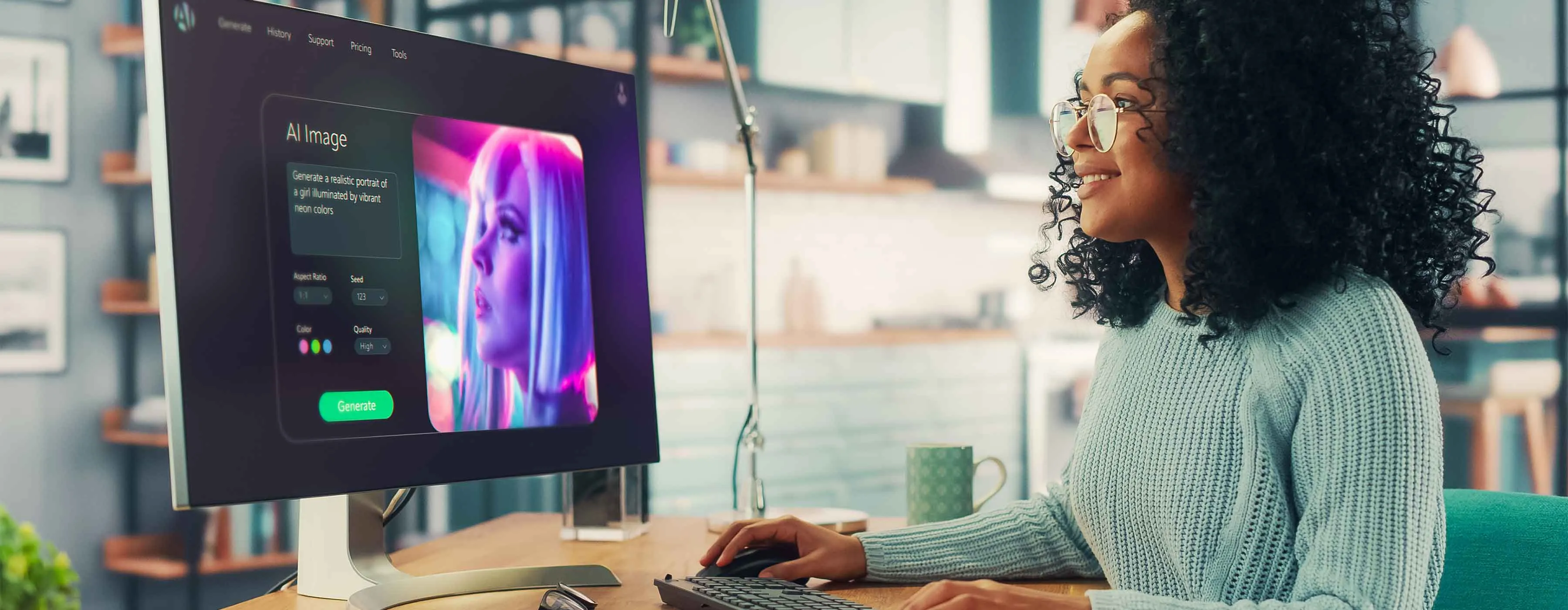 Mulher observa tela de computador exibindo arte digital.