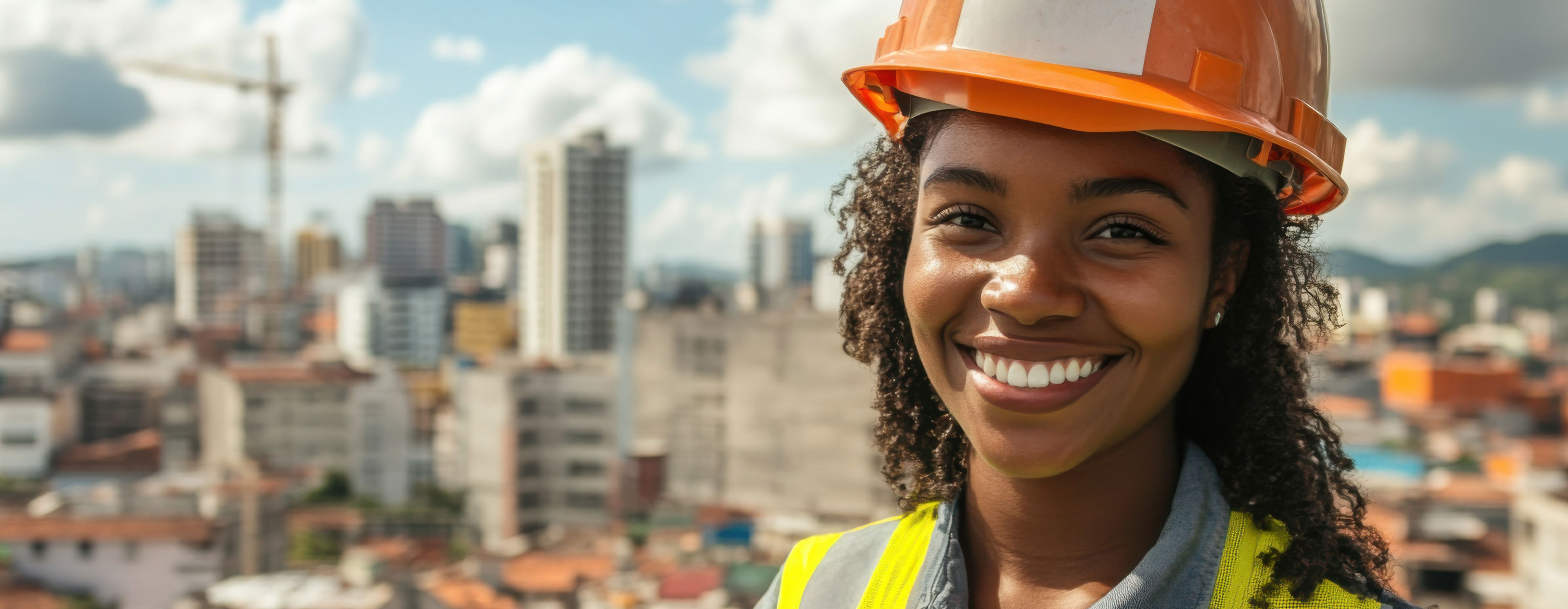Manutenção Predial - foto de uma mulher sorrindo com capacete de segurança e colete de obras. 