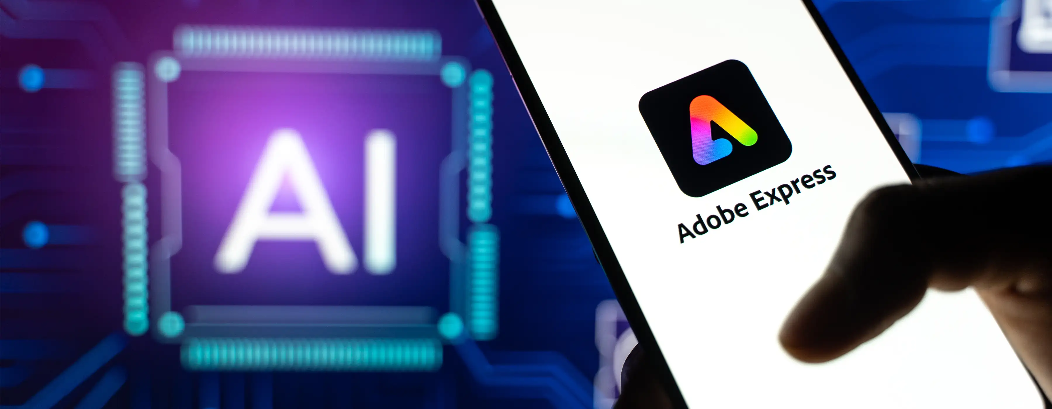 Uma tela de celular mostra a logo do adobe express.