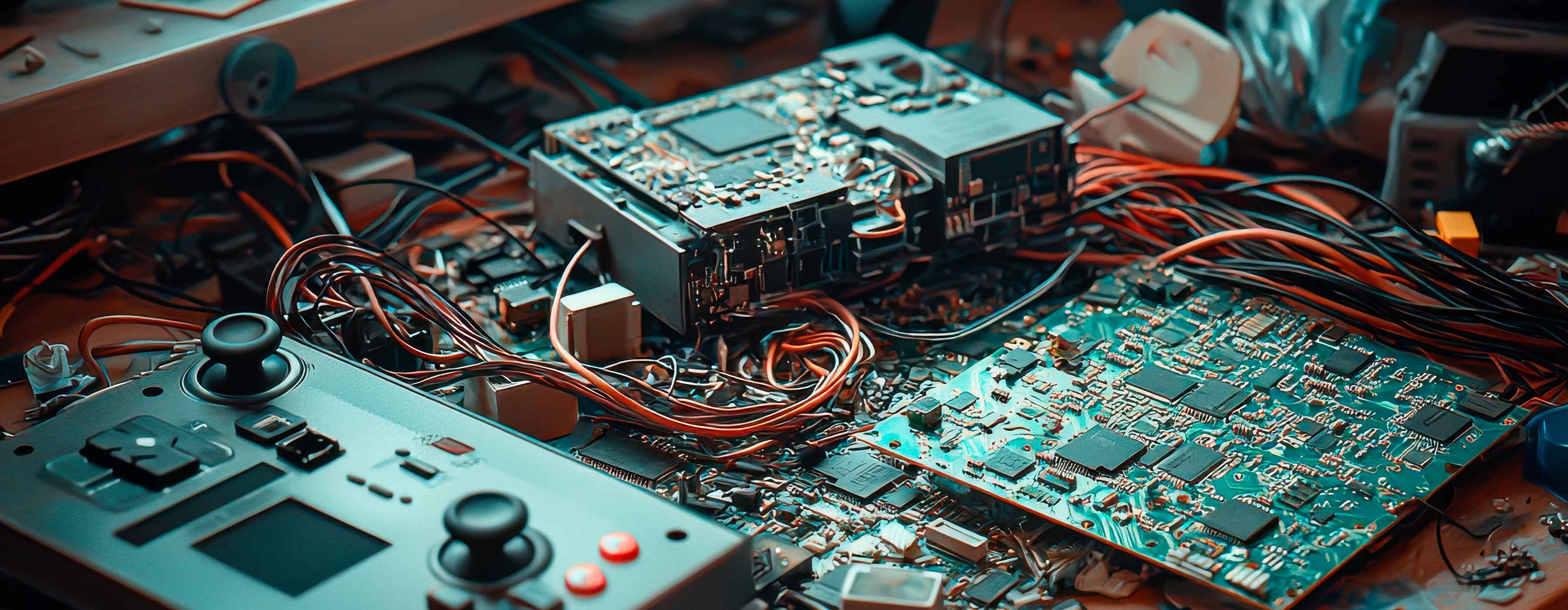 Eletrônica Prática para Manutenção de Vídeo Games - foto de duas placas de computadores, console e cabos em cima de uma mesa de madeira..