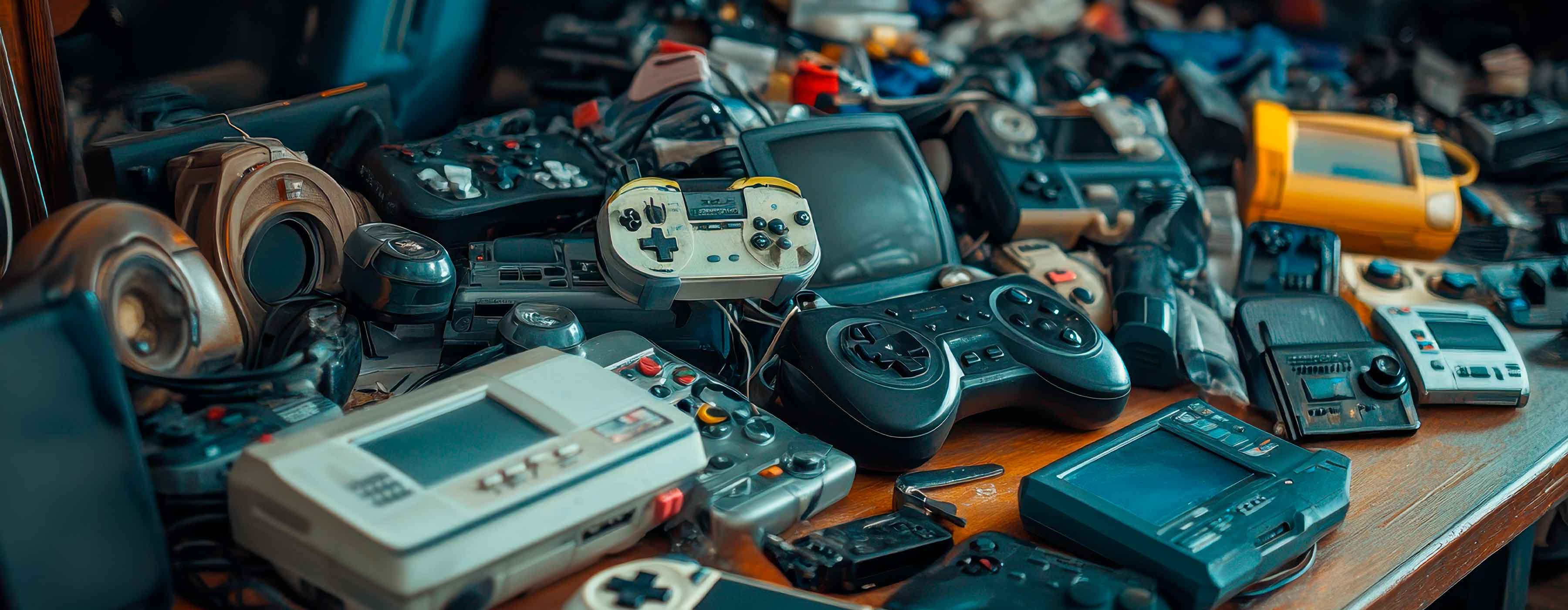 Manutenção de Vídeo Games Retrô - foto de vários consoles, controles e acessórios de vídeo games antigos sobre uma mesa de madeira.