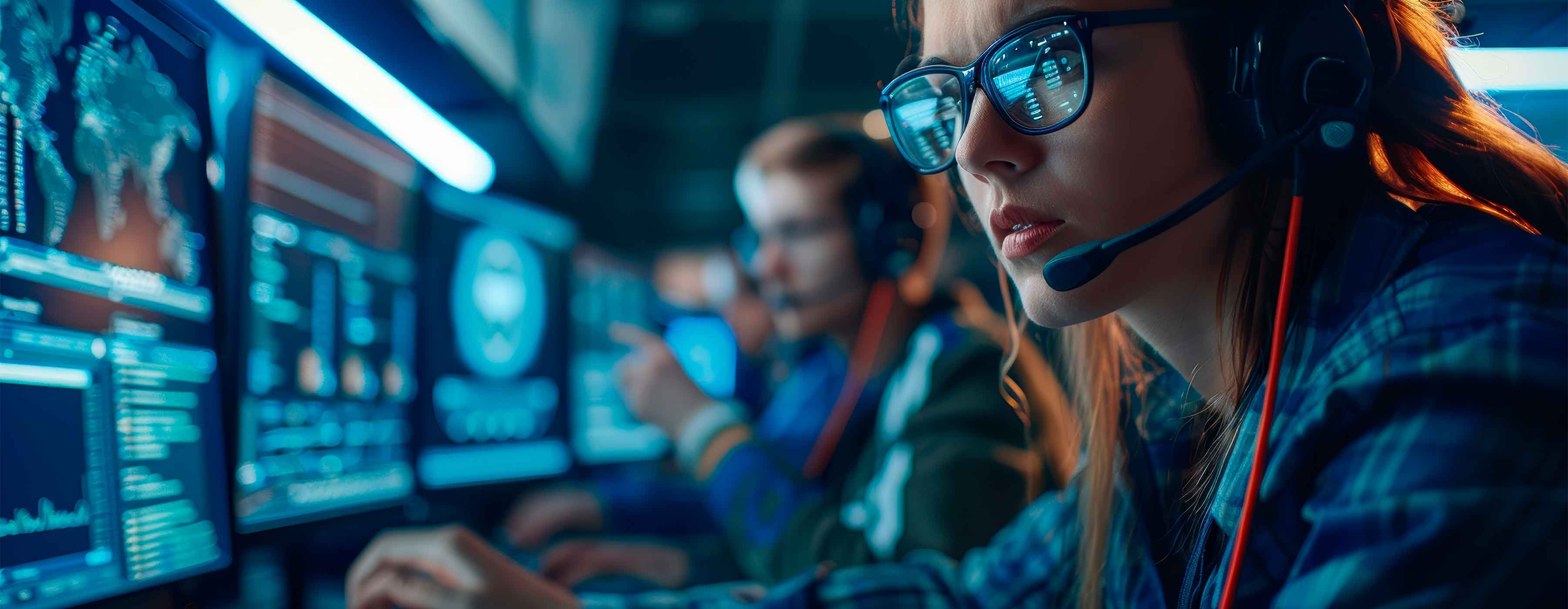 Segurança de EndPoint - foto de uma mulher com headphone observando telas com dados e mapas.