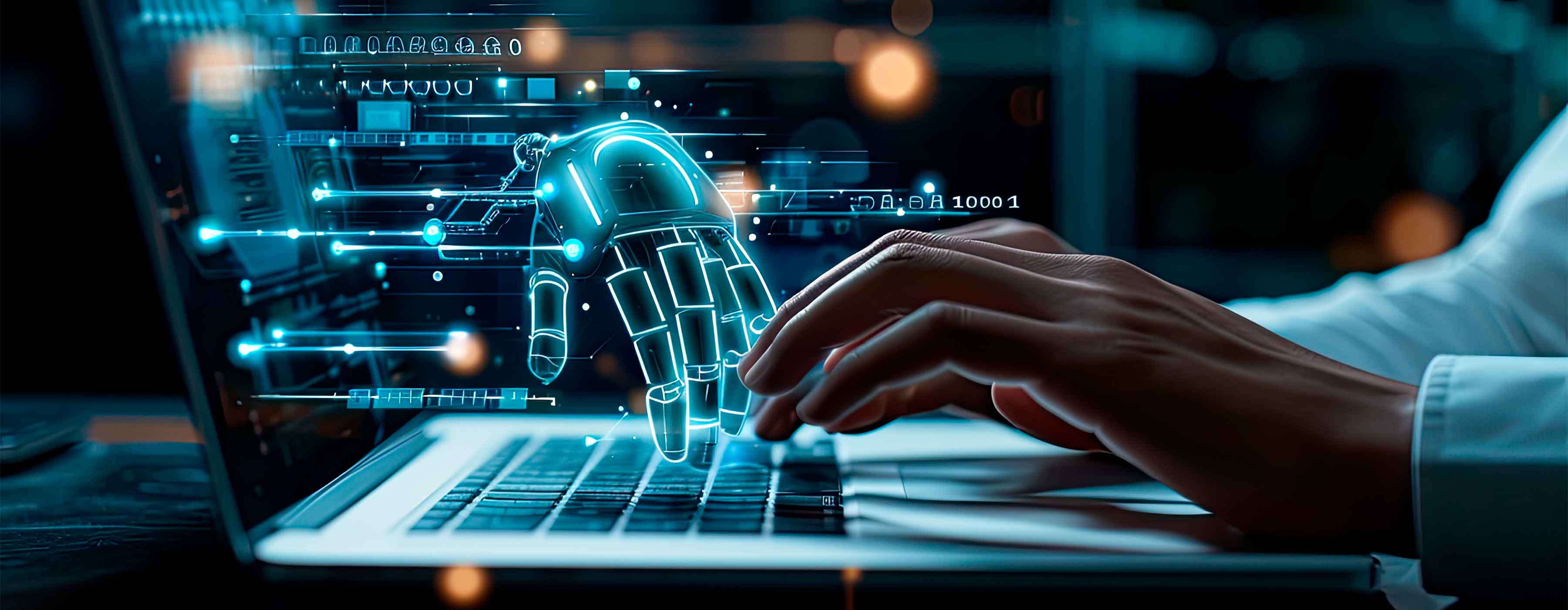 Inteligência Artificial Descomplicada ¿ imagem das mãos de um homem digitando em laptop junto a uma mão robótica com elementos digitais.