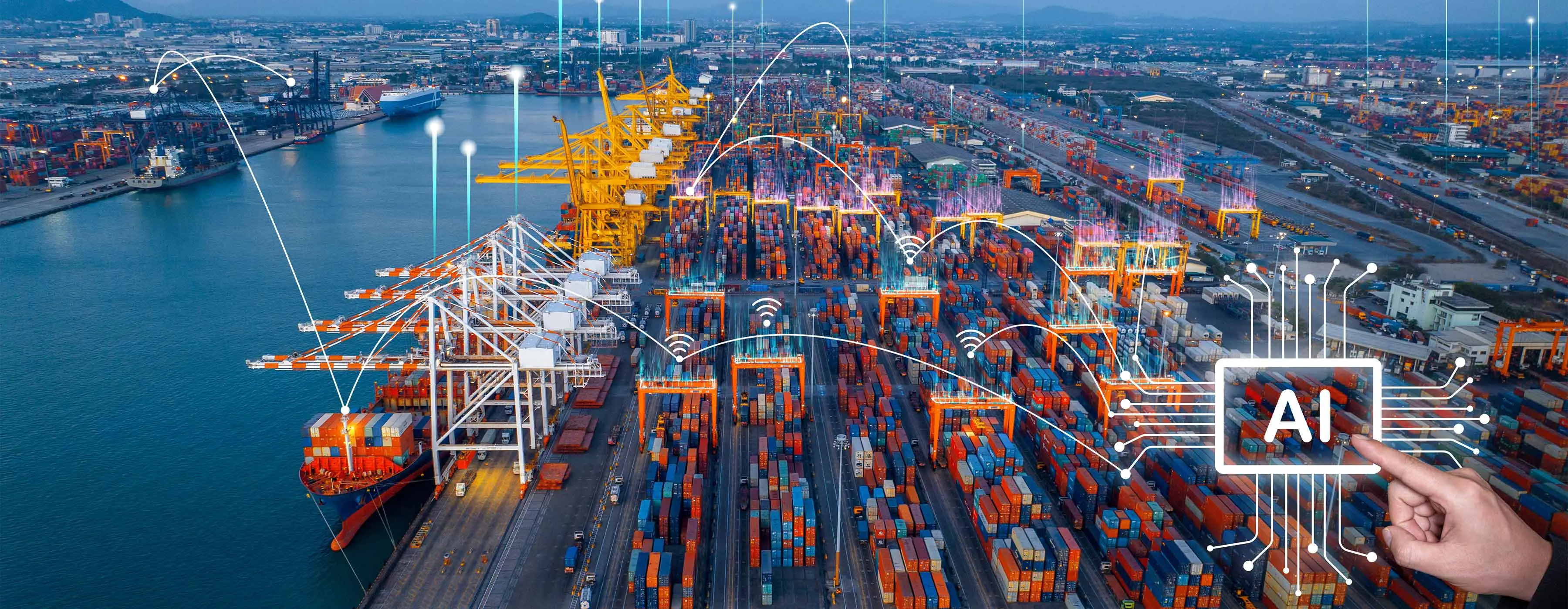 Porto com diversos containers coloridos e arte gráfica representando AI na logística.