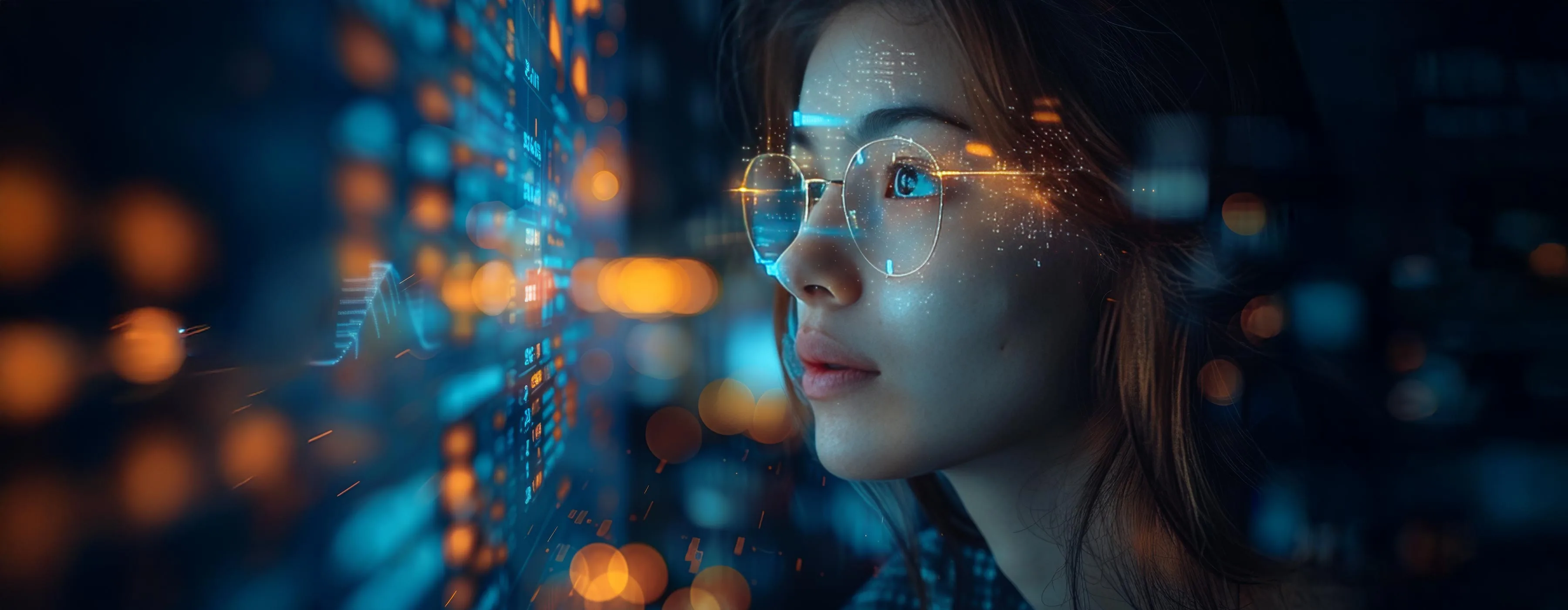 Mulher analisando dados de AI.