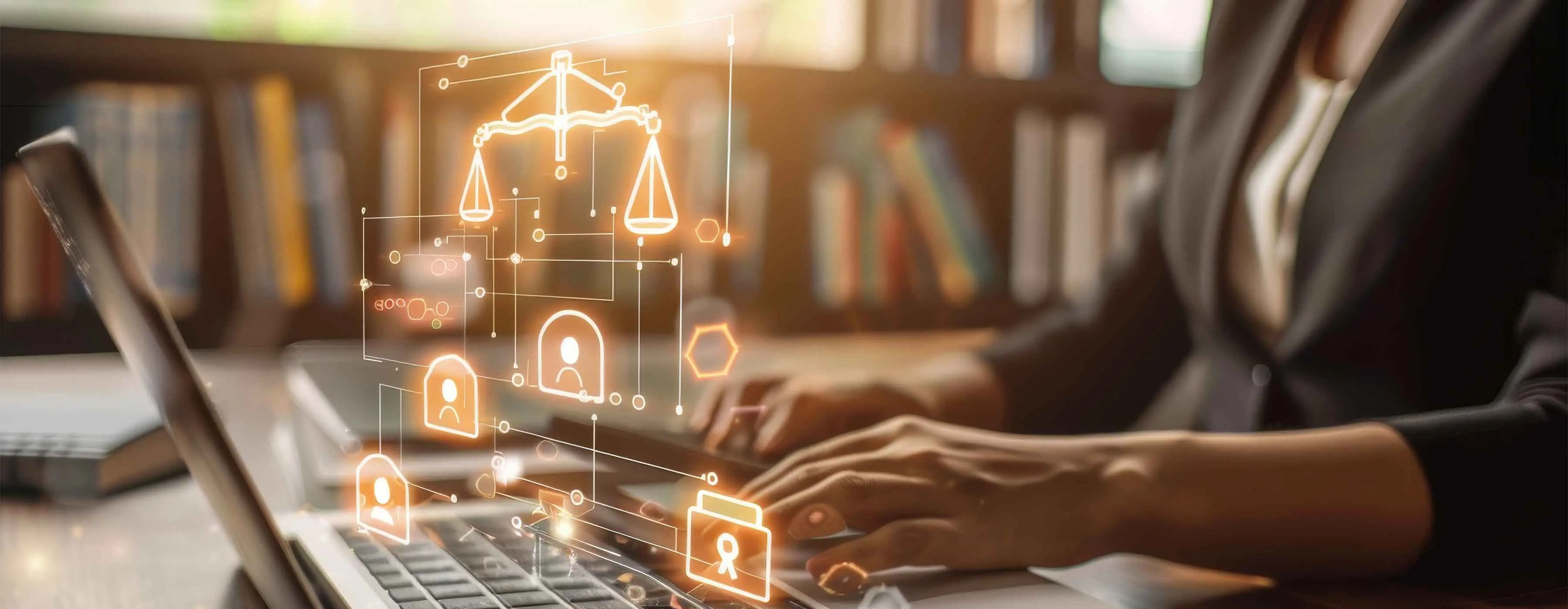 Advogada trabalhando em notebook e representações gráficas da AI no Direito.