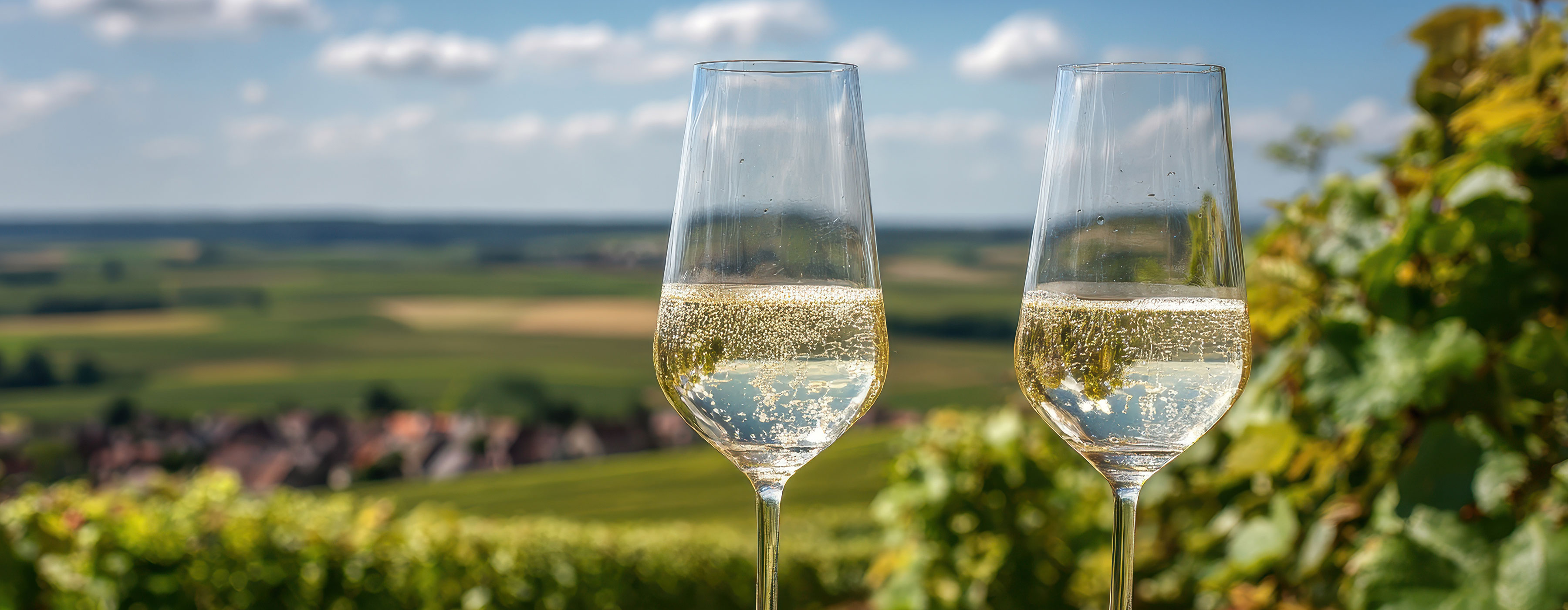 A imagem mostra duas taças de vinho branco posicionadas em primeiro plano e, ao fundo, uma paisagem com campos verdes.