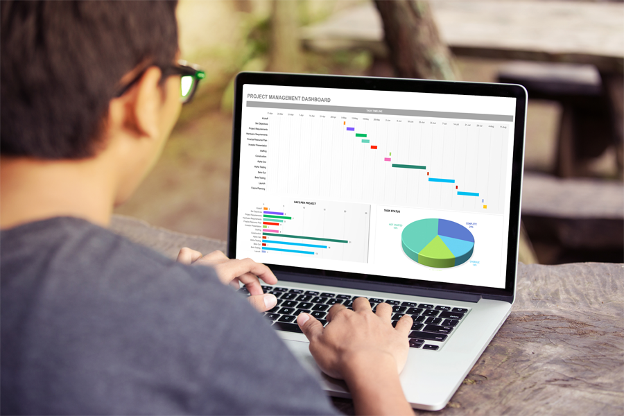 Imagem: um homem trabalha com planilhas e gráficos de excel abertos em um notebook.