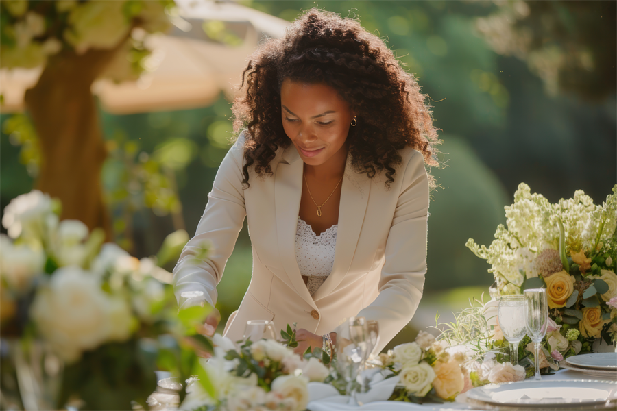 Uma organizadora de eventos faz os ajustes finais na mesa de decoração de um casamento.