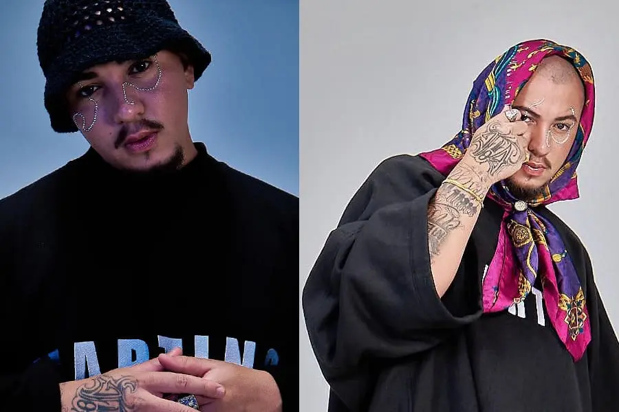 Kauê Big em duas fotos, na da esquerda ele está com as mãos entrelaçadas e usa roupa e touca preta com um acessório brilhante no rosto. Na foto da direita está segurando um lenço que está cobrindo a cabeça e mostrando o rosto.