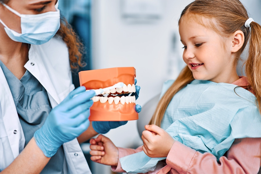 Imagem: uma profissional técnica em saúde bucal ensina uma menina a escovar os dentes com a ajuda de uma dentadura de material sintético e uma escova de dentes.