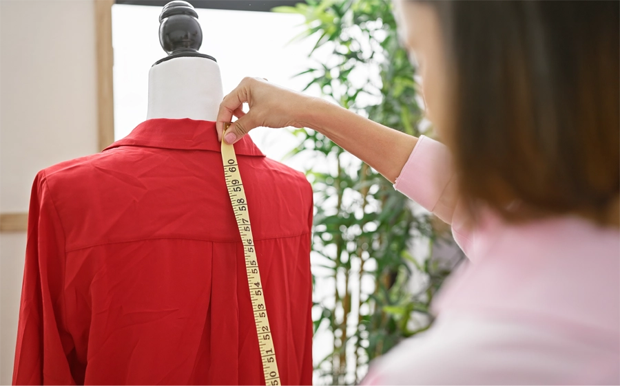 Imagem: modelista utilizando uma fita métrica para medir uma peça de roupa vestida em busto.