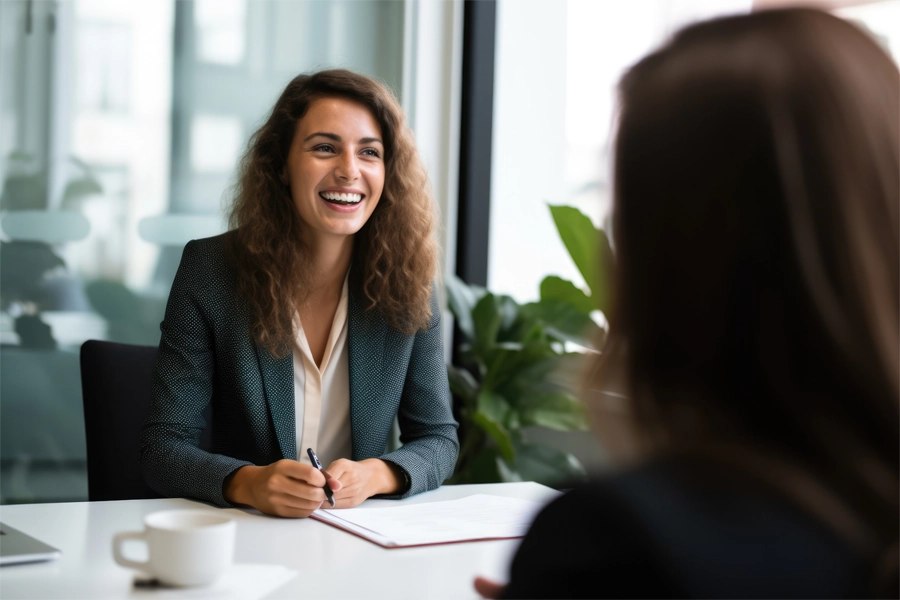 Executiva sorri enquanto atende uma cliente em sala clara.