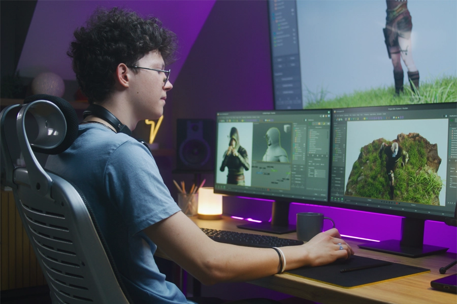 Imagem: técnico em jogos digitais sentado de frente para um computador com dois monitores.