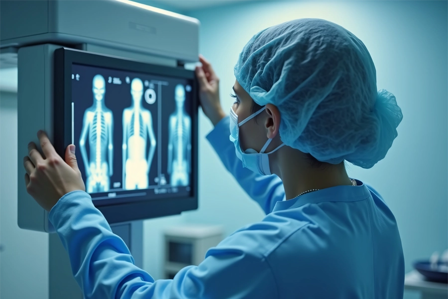 Imagem: uma técnica em radiologia analisa o monitor de uma máquina de diagnóstico por imagem os resultados do exame realizado em paciente.