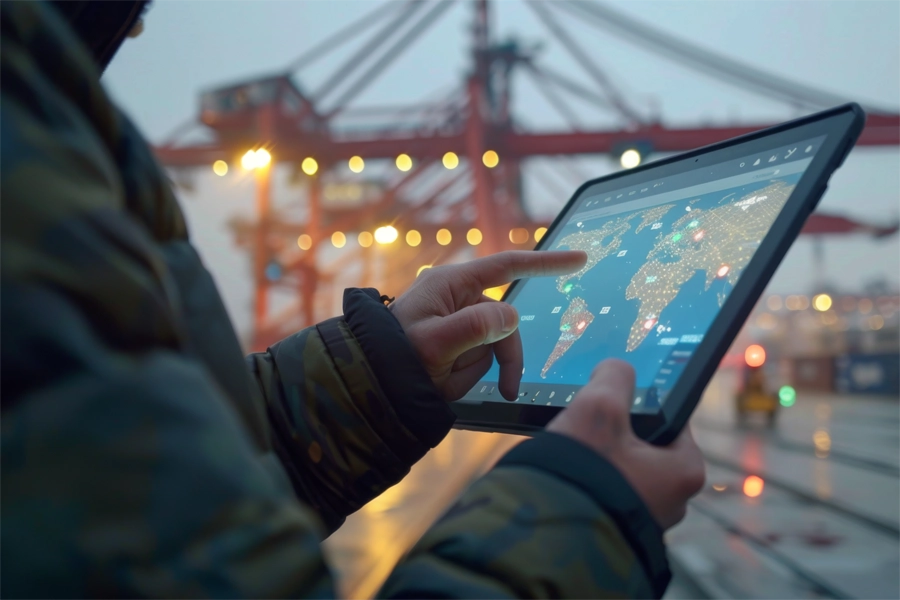 Imagem: técnico em comércio exterior segura tablet enquanto acompanha a chegada de navios de carga em porto.