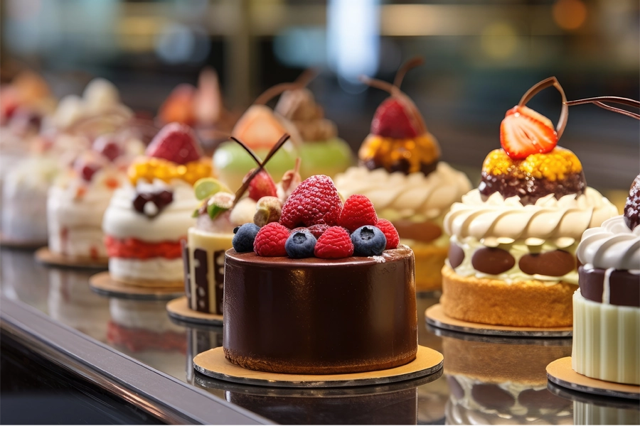 Imagem: uma mesa com bolos confeitados de diversas maneiras enfileirados.
