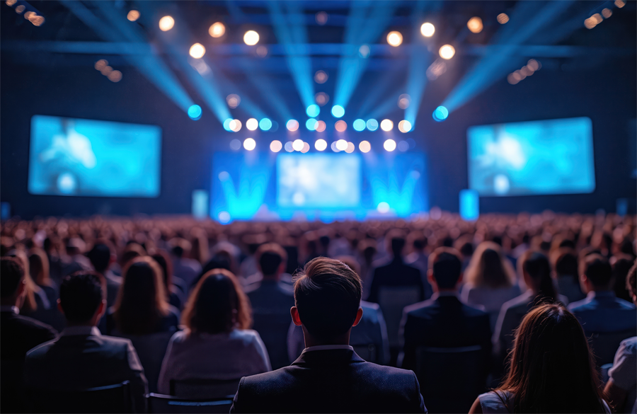Imagem: uma multidão de pessoas sentadas olhando para um palco cheio de luzes onde está ocorrendo um evento corporativo.