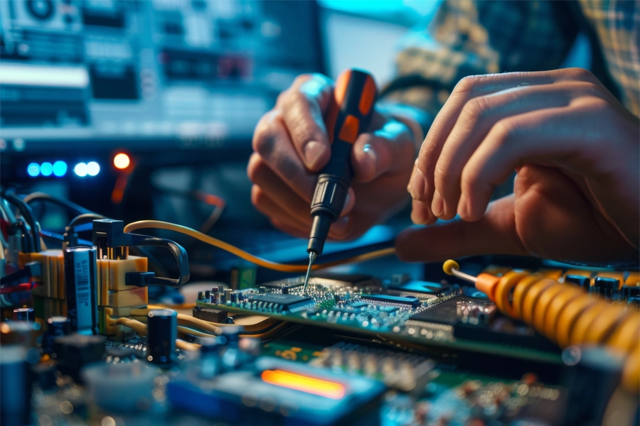 Imagem: as mãos de um técnico em informática consertando uma placa de vídeo de computador.