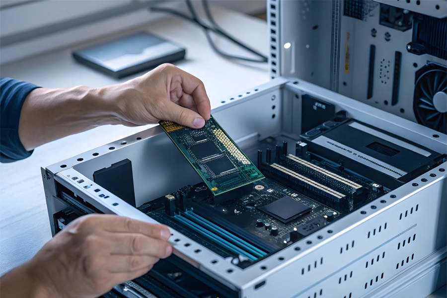 Imagem: técnico em manutenção e suporte de informática conserta a CPU de um computador.