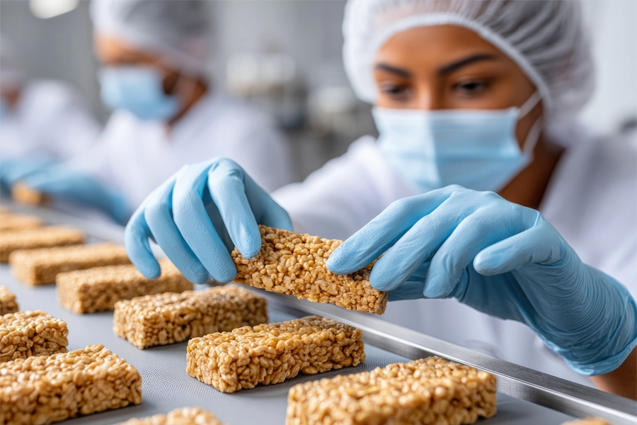 Imagem: uma técnica em nutrição e dietética avalia a qualidade de uma barra de cereal.