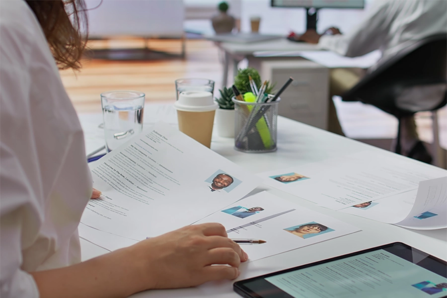 Imagem: uma técnica em recursos humanos faz a triagem de currículos recebidos para uma vaga de emprego.