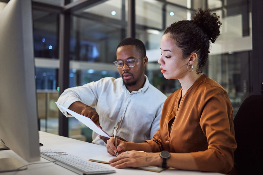 Imagem: dois técnicos em finanças trabalhando juntos na frente de um computador.