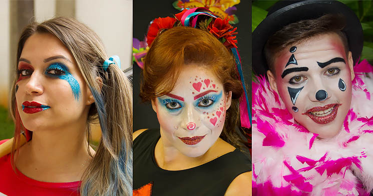 Modelos com makes de Arlequina, personagem circense e Pierrot produzidas pelo docente Wilson Valença Modelos com makes de Arlequina, personagem circense e Pierrot produzidas pelo docente Wilson Valença