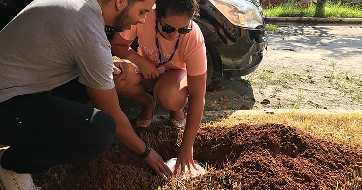 Dois alunos enterram cápsula do tempo com reflexões sobre o futuro no jardim da unidade Dois alunos enterram cápsula do tempo com reflexões sobre o futuro no jardim da unidade