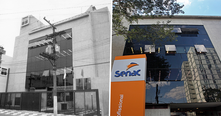 Foto com a fachada antiga e com a fachada atual do Senac Osasco.